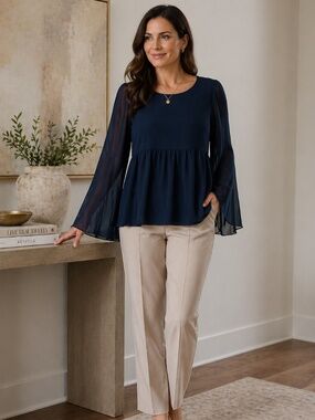 LOFT Black Sheer Babydoll Blouse XS Flutter Sleeve Keyhole Back Flowy Top